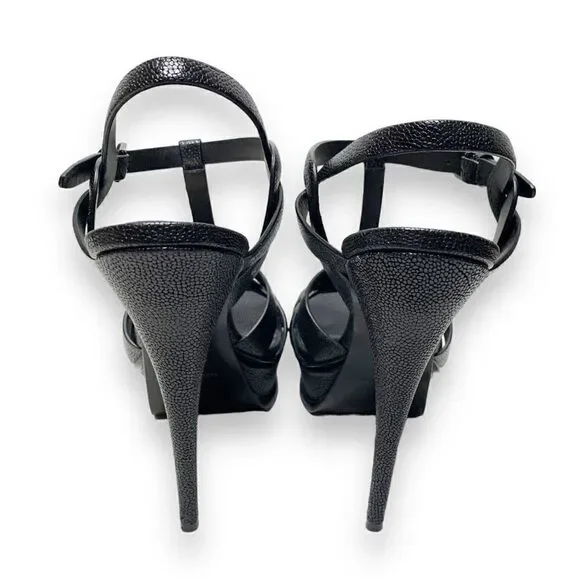 Saint Laurent Tribute Black Grained Leather Platform High Heel Sandals Size 40.5 - Picture 7 of 15